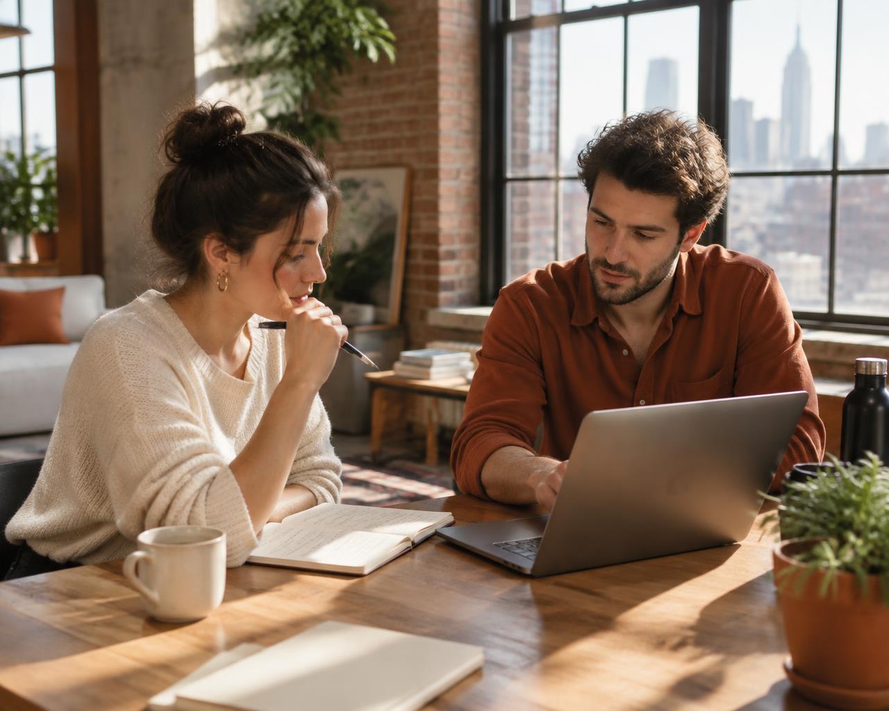 Two technology founders reviewing plans together at a sunlit New York loft table
