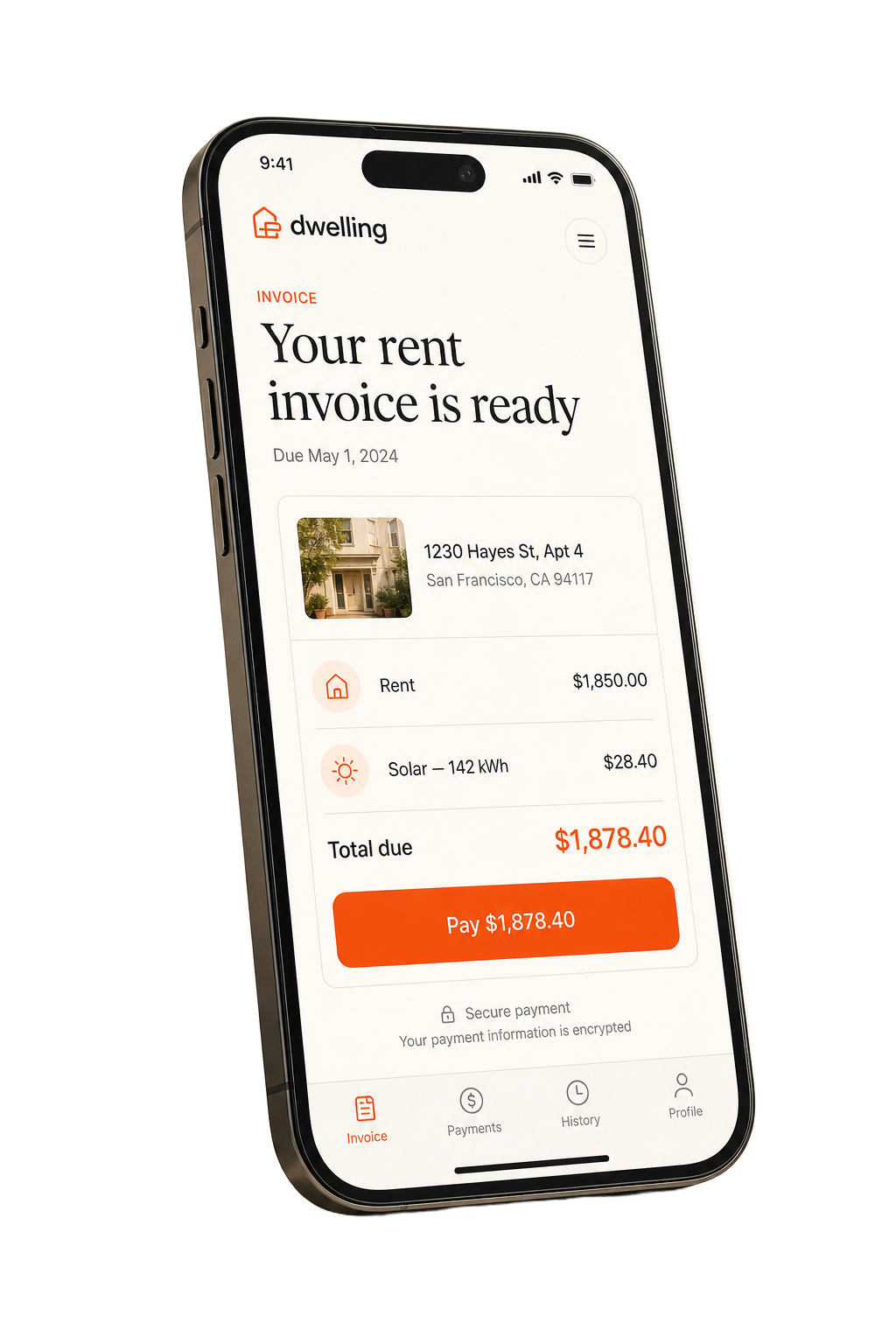 Greatweek tenant invoice on a smartphone showing rent and metered solar line items with a pay button