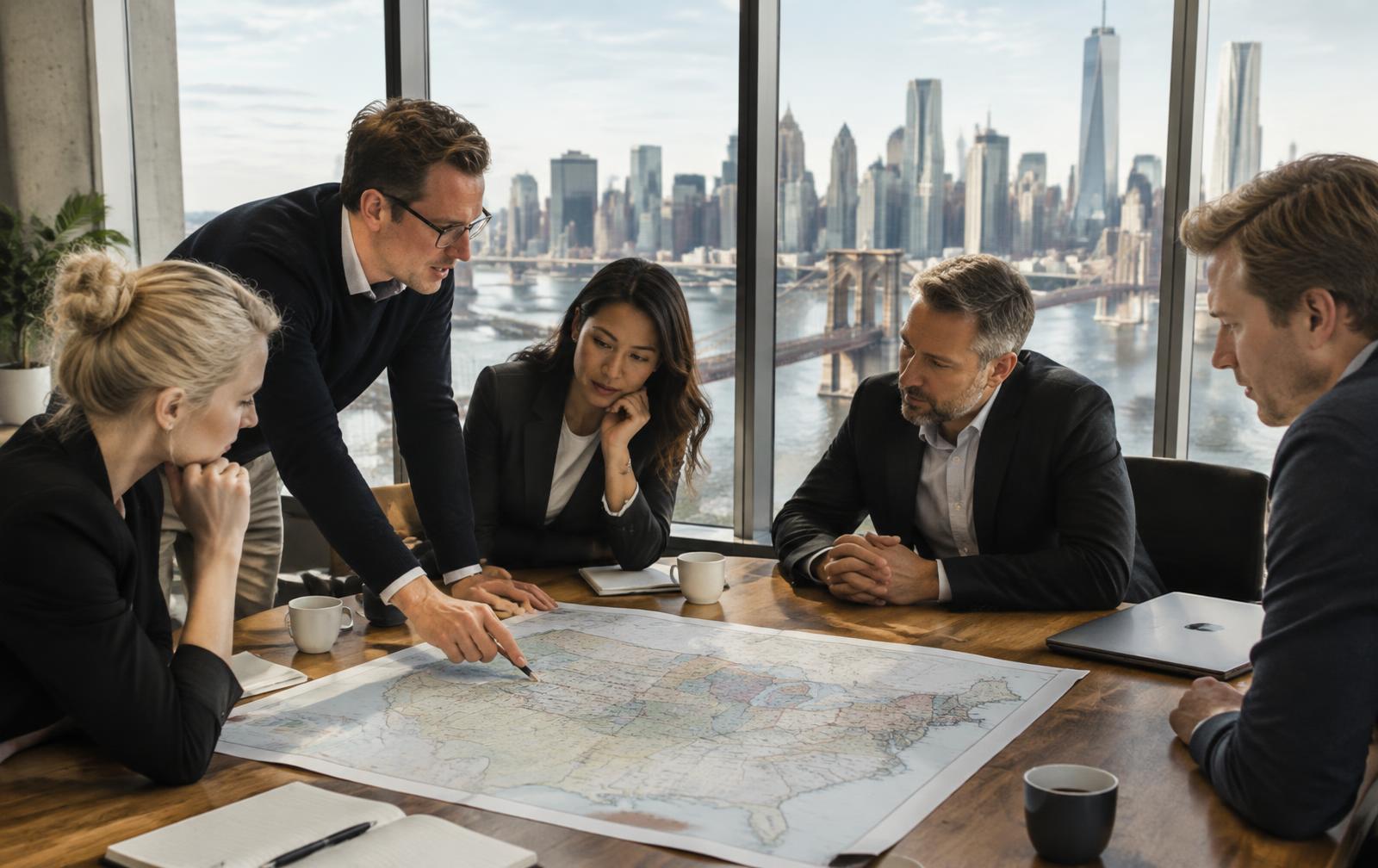 Nordic technology leaders planning a United States market entry overlooking Manhattan