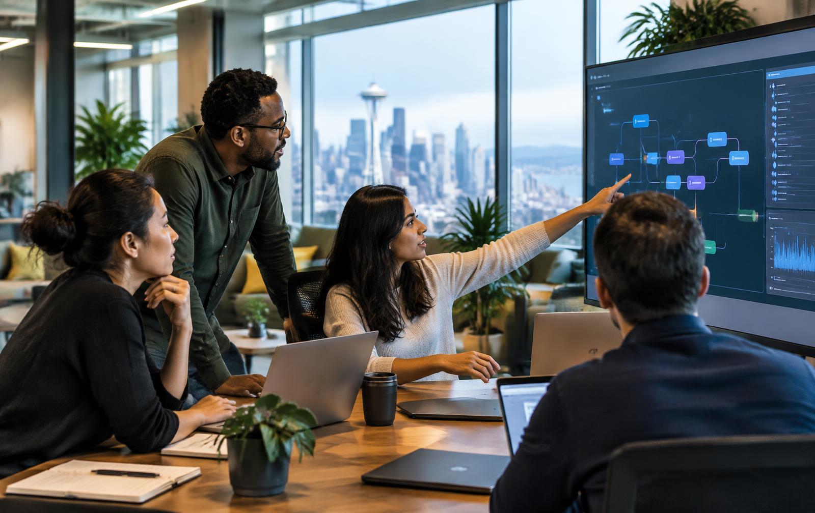 Technology team reviewing an enterprise workflow in Seattle