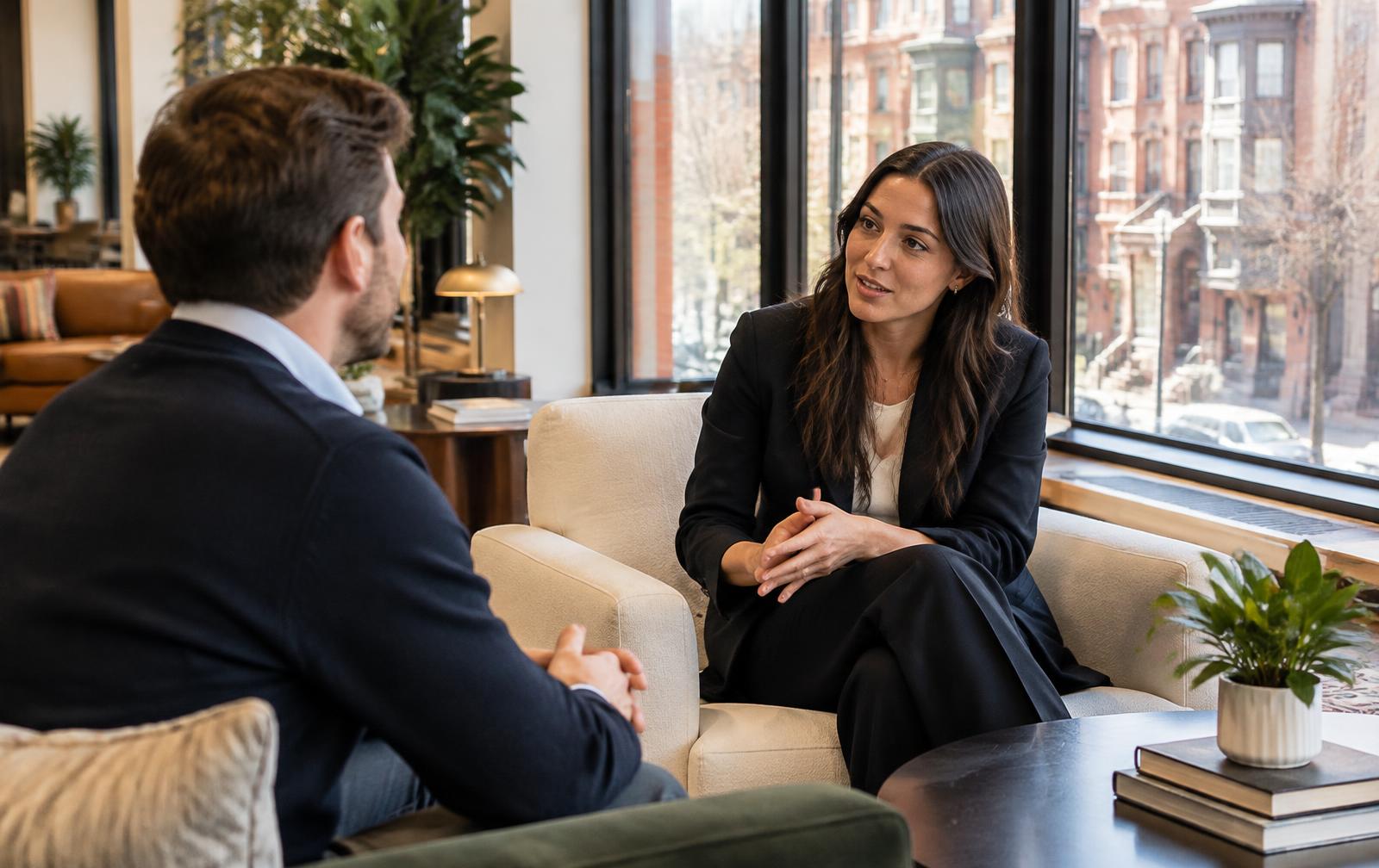Founder interviewing a senior sales candidate in a Boston coworking space