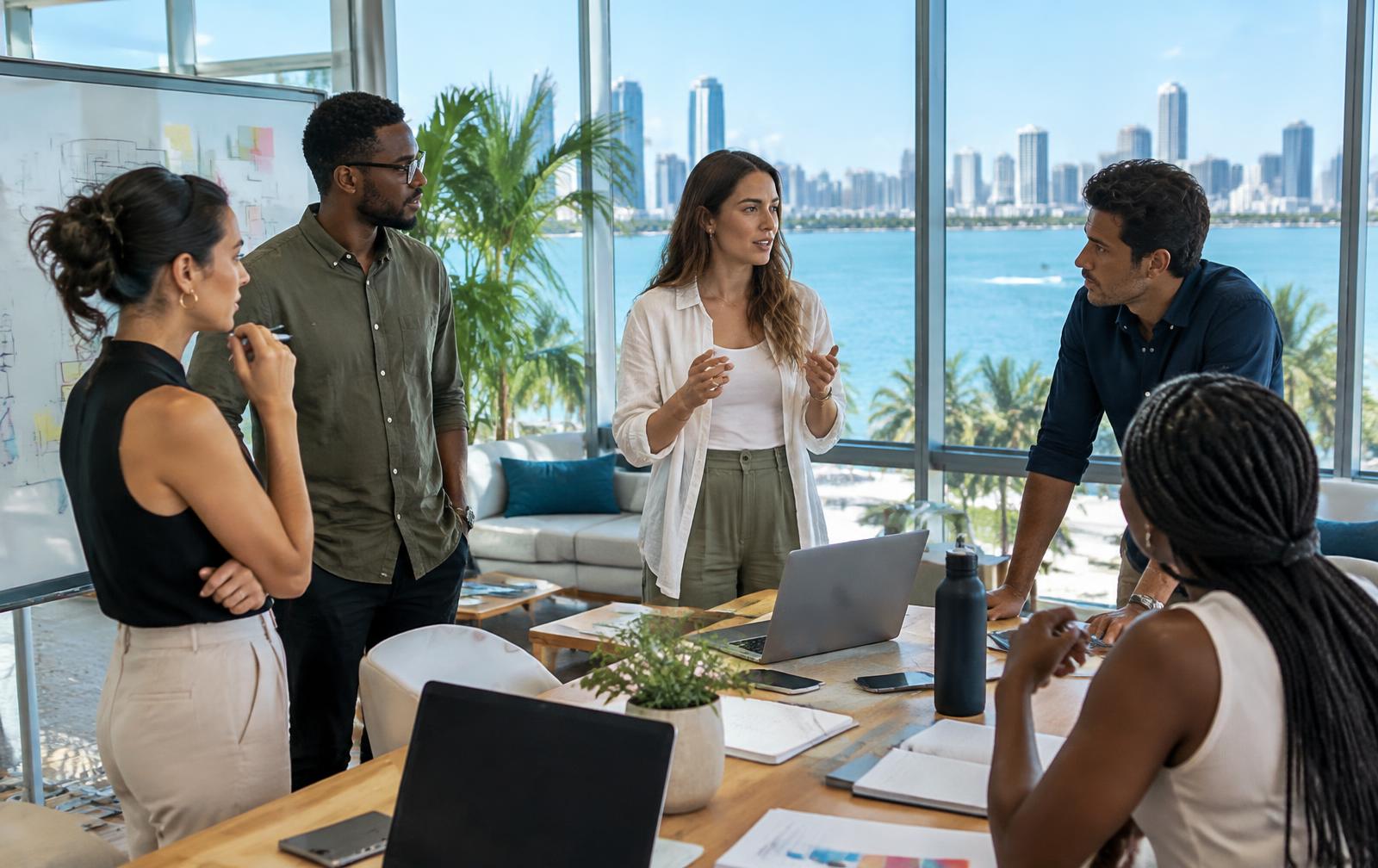 Outsourced growth team collaborating in a Miami coworking studio