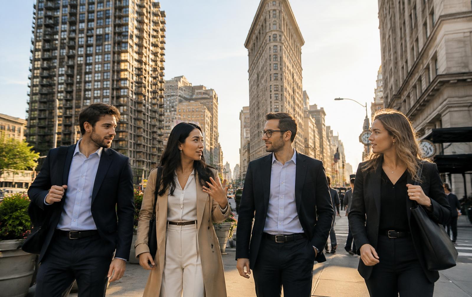Market-entry team walking through the Flatiron District in New York
