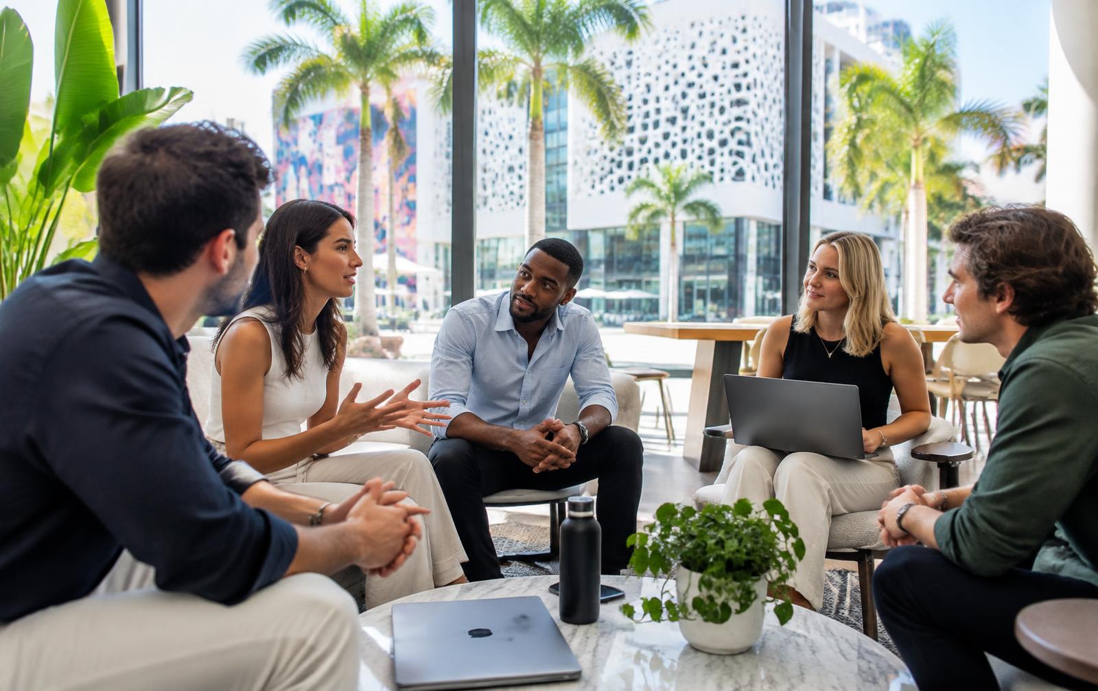 Growth team meeting prospective customers in a Miami shared workspace