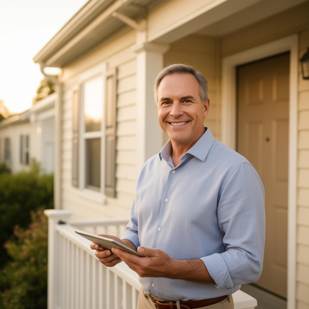 Landlord on the porch of his property holding a tablet at golden hour