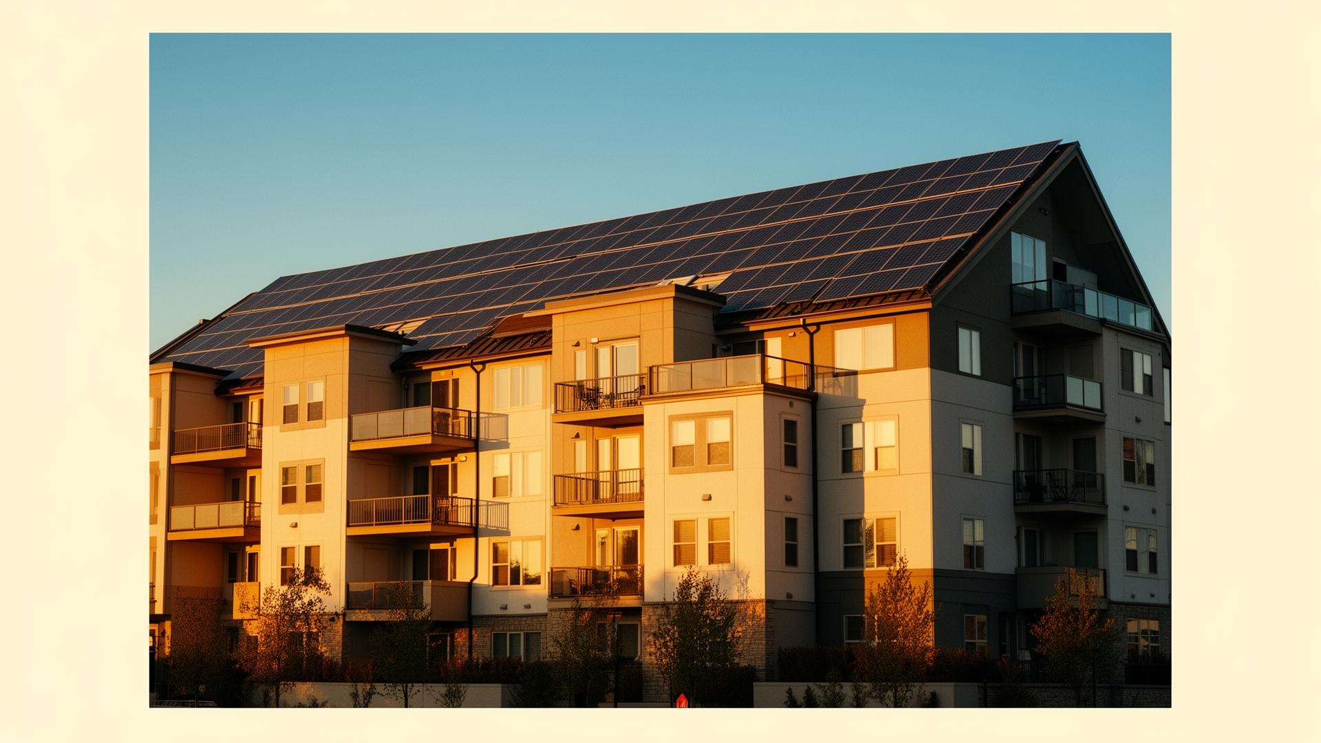 Modern multi-family residential building with rooftop solar panels at golden hour
