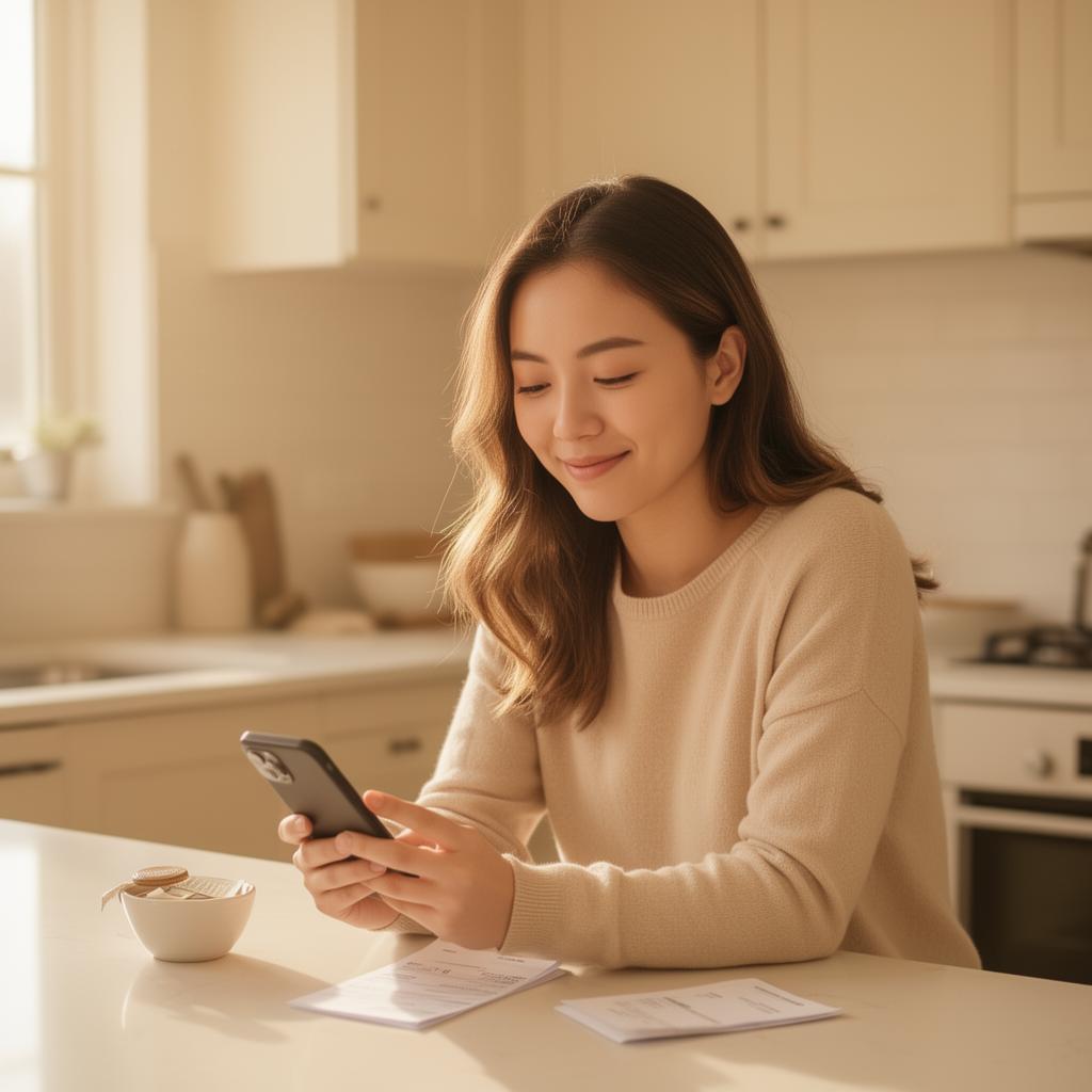 Tenant paying her Greatweek invoice from her phone at the kitchen counter
